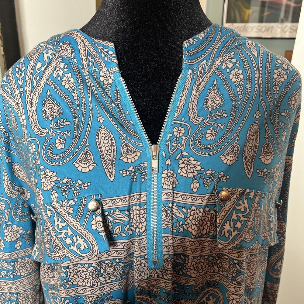 Luckymore Womens Zip Neck Long Sleeve Flowy Tunic Top Size XXL-Turquoise Paisley - Picture 3 of 11